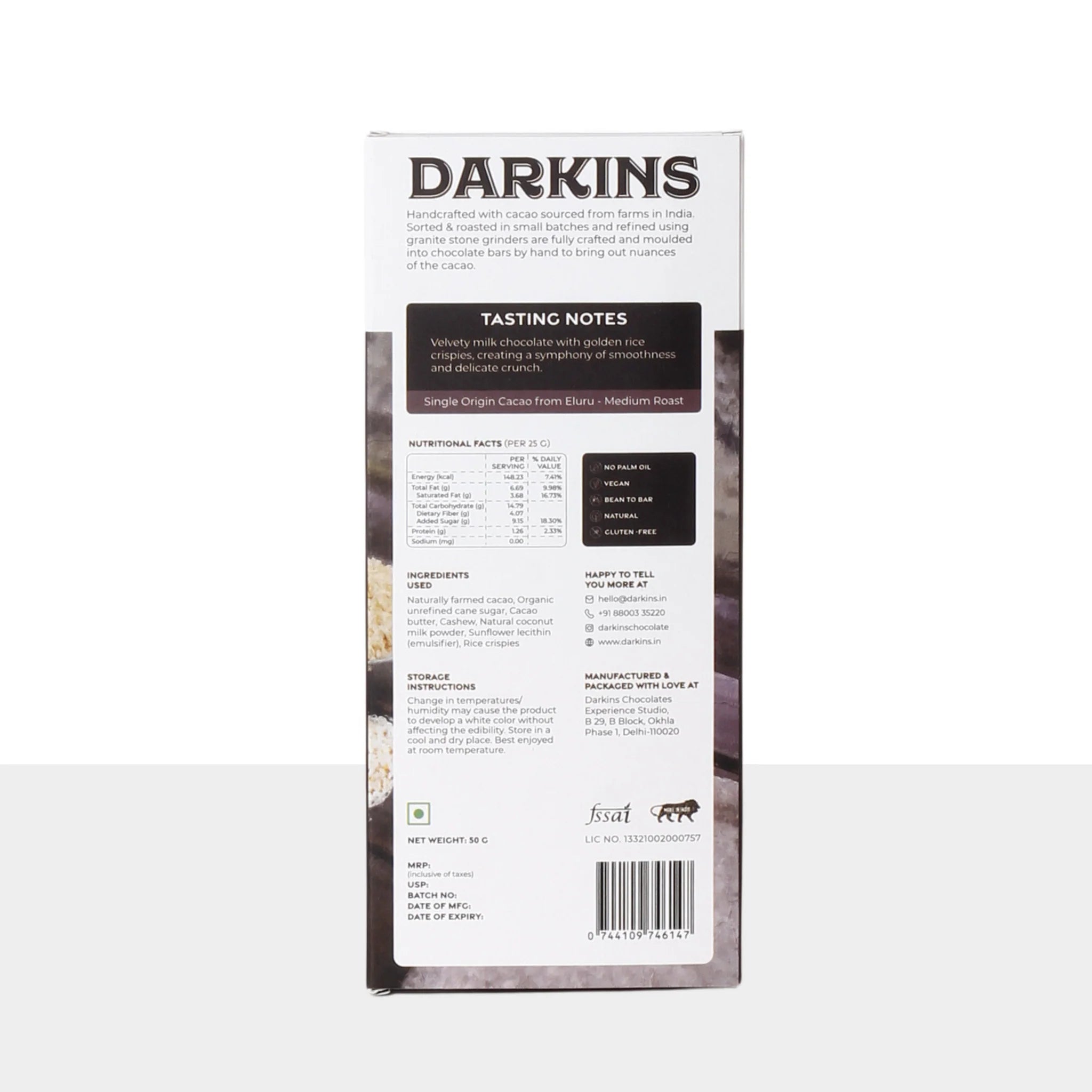 Milk Chocolate | Mylk - Rice Crispies - Bean To Bar - Natural - Vegan, Gluten Free & No Palm Oil - Darkins - 50gm
