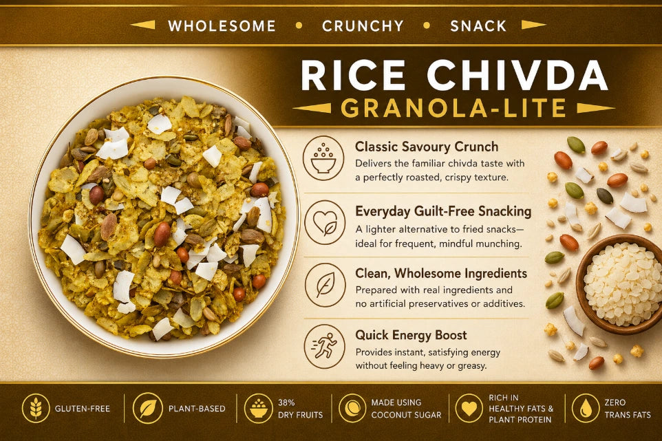 Chivda | Rice Chivda Granola (38% nuts-seeds)- Lite Savoury -Plant Based, Gluten Free, Vegan Friendly, Made using Coconut Sugar-No Added Refined Sugar, Zero Trans Fats -The Nibble box- 300gm