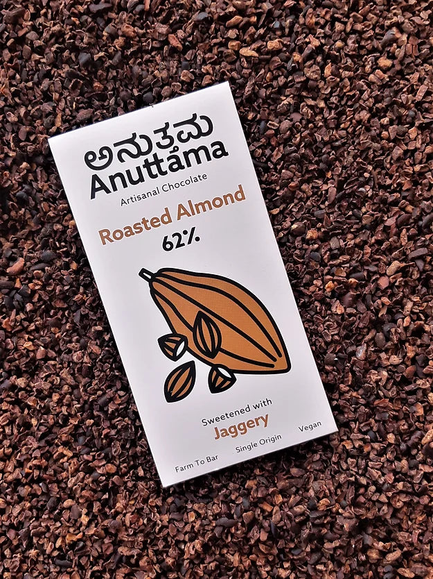 Chocolate | Roasted Almond (Sweetened With Jaggery) – 62% Cocoa - Farm To Bar – Single Origin – Vegan, No Added Preservatives & No Added Artificial Flavours – Anuttama Artisanal Chocolate – 50gm