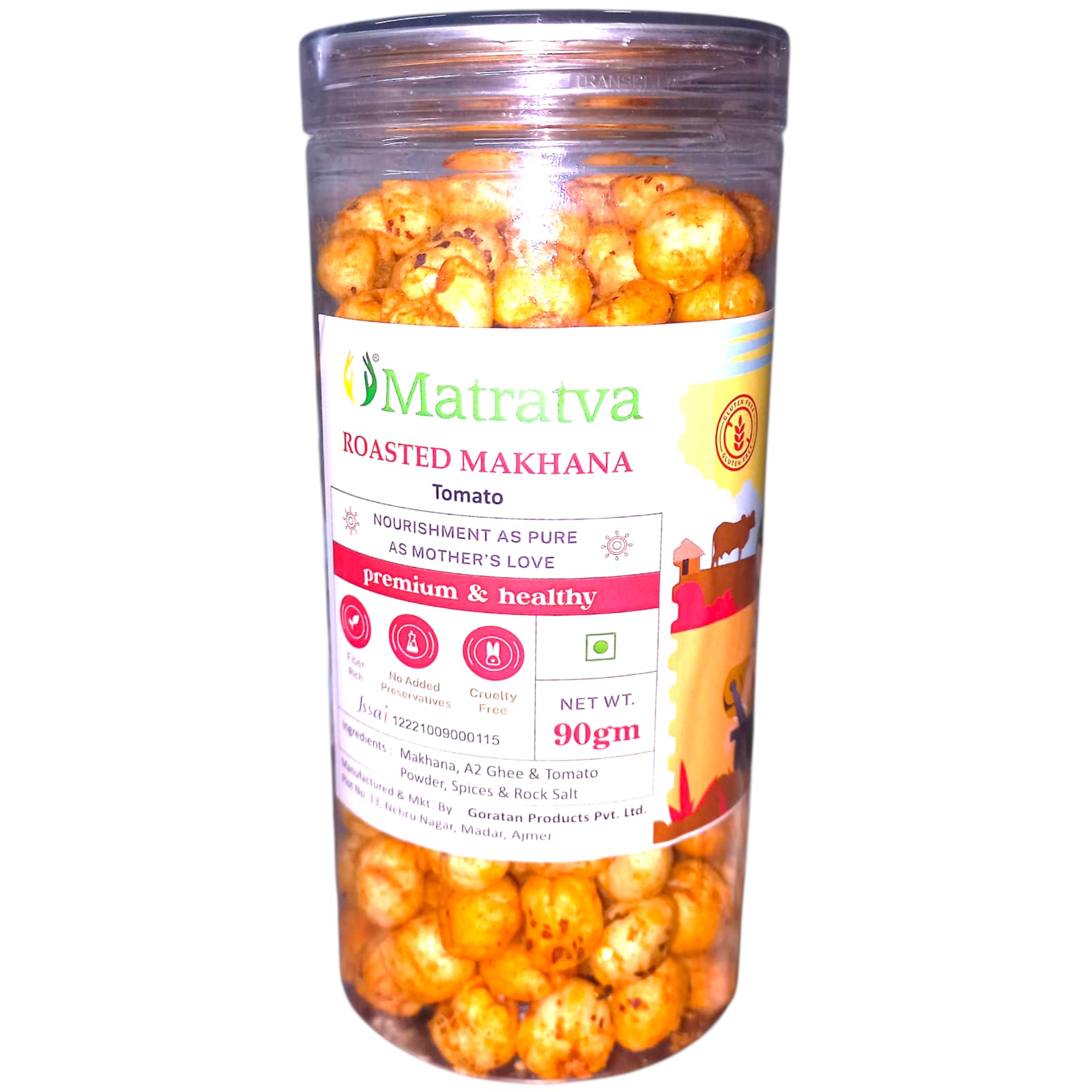 Makhana | Roasted Makhana (Tomato) - Made In A2 Ghee - Premium & Healthy - Made With Organic Ingredients - Healthy - Not Fried - Gluten Free, Cruelty Free, High In Fibre & No Added Preservatives - Matratva - 90gm