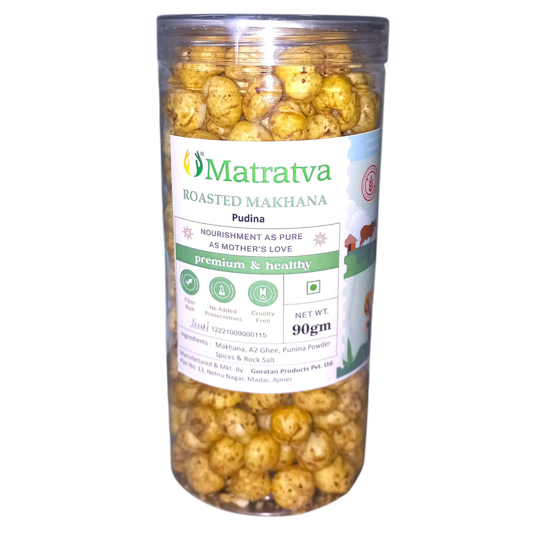 Makhana | Roasted Makhana (Made In A2 Ghee) - Pudina - Premium & Healthy - Made With Organic Ingredients - Healthy - Not Fried - Gluten Free, Cruelty Free, High In Fibre & No Added Preservatives - Matratva - 90gm