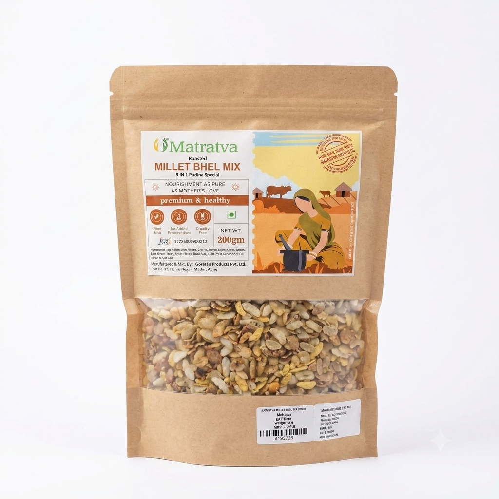 Bhel Mix | Roasted Millet Bhel Mix (9 in 1 Pudina Special ) - Made With Organic Ingredients -Cruelty Free, High In Fibre & No Added Preservatives - Matratva - 200gm