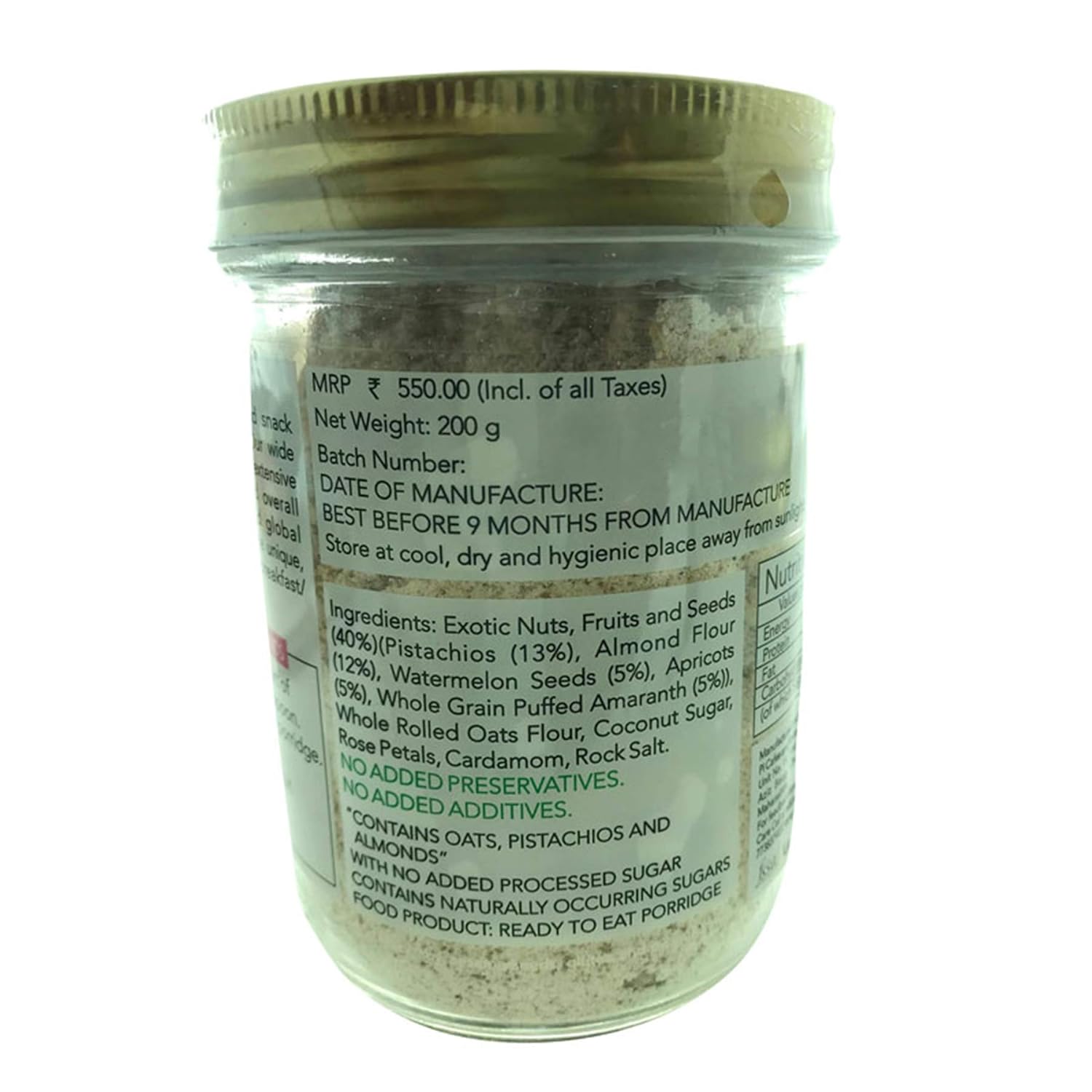 Rose And Pistachio Porridge - Vegan, Gluten Free & Zero Processed Sugar - The Nibble Box - 200gm