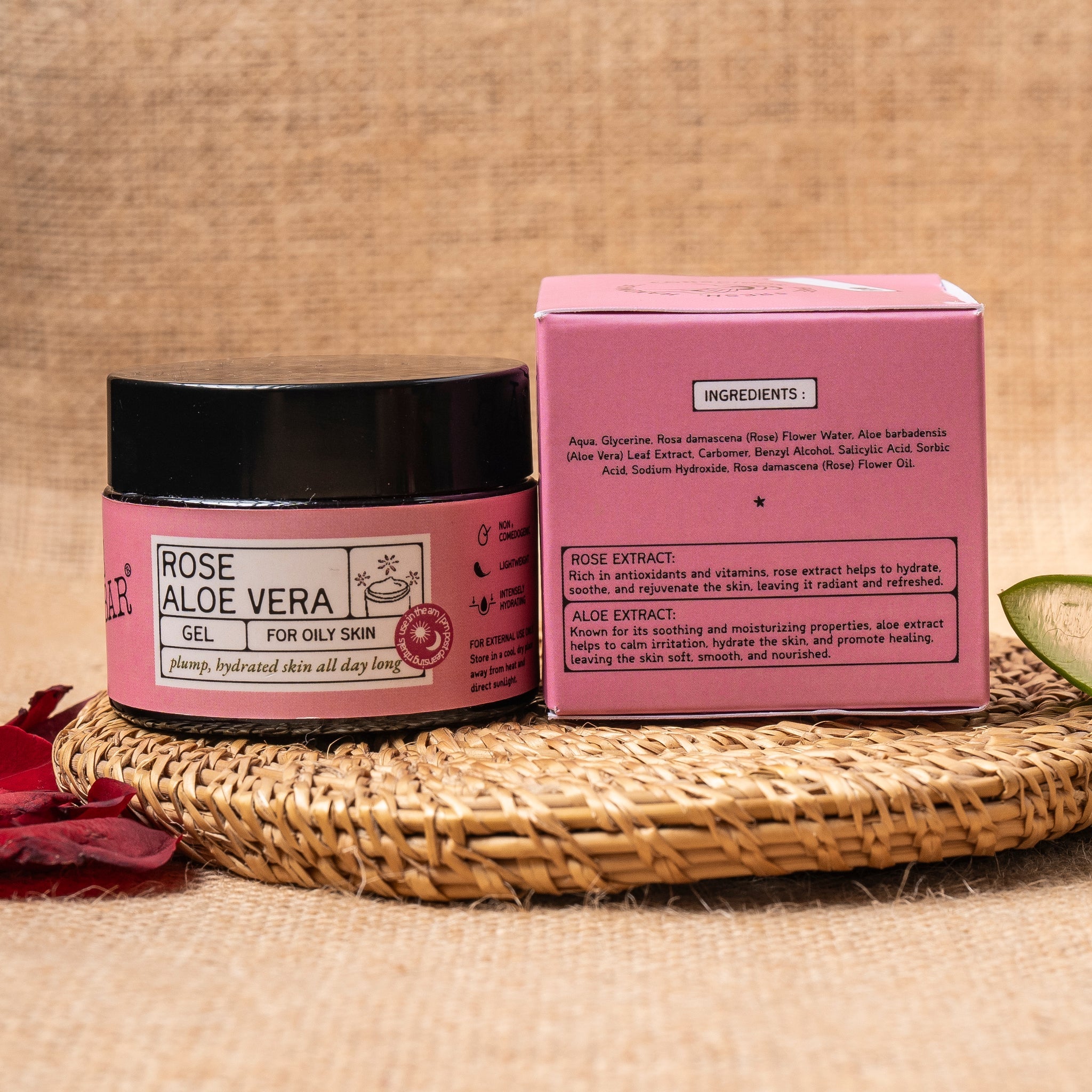 Aloe Vera Gel | Rose Aloe Vera Gel - For Oily Skin - No Artificial Fragrances, Parabens Free & No Added Preservatives - The Bare Bar – 50gm