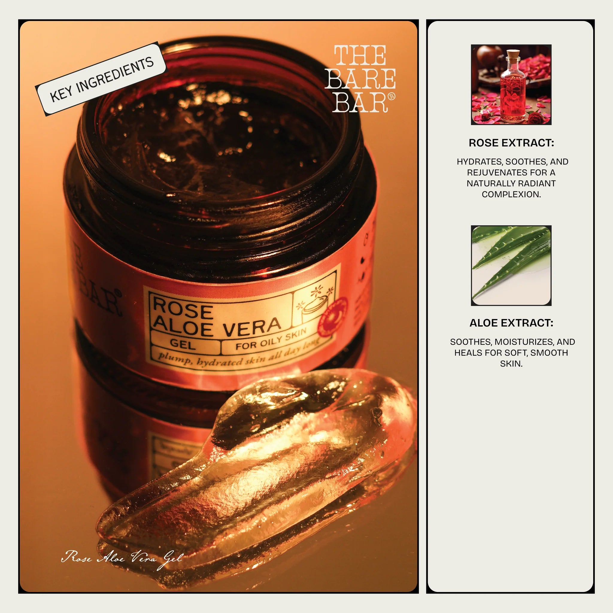 Aloe Vera Gel | Rose Aloe Vera Gel - For Oily Skin - No Artificial Fragrances, Parabens Free & No Added Preservatives - The Bare Bar – 50gm