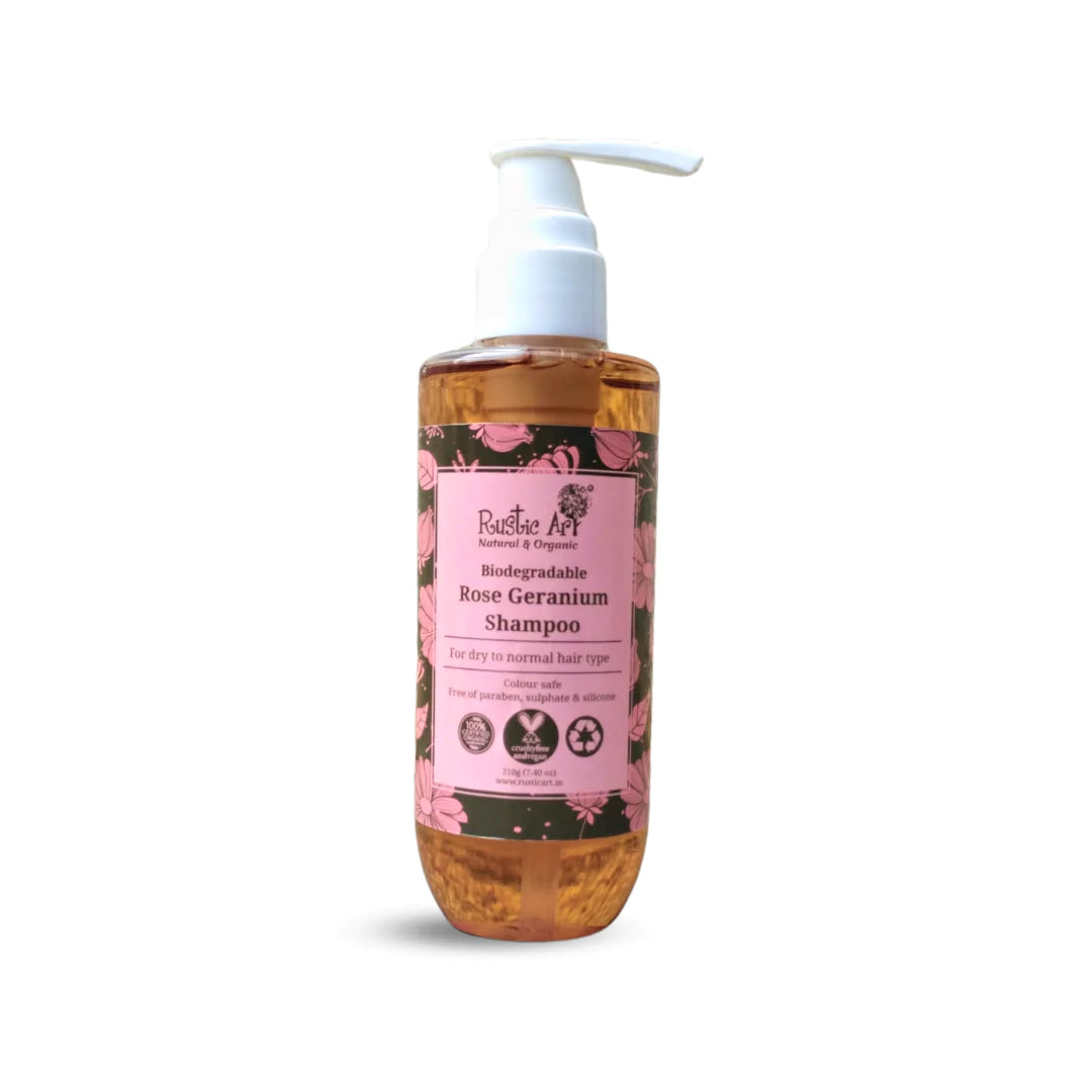 Shampoo | Rose Germanium – For Dry To Normal Hair Type – Organic – Vegan, Paraben Free, Sulphate Free & Silicone Free – Rustic Art – 210gm