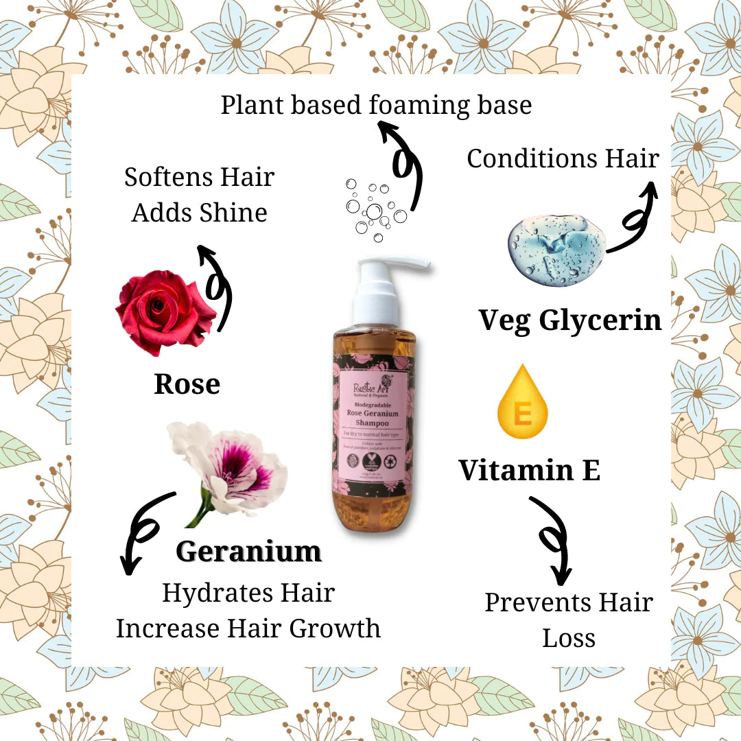 Shampoo | Rose Germanium – For Dry To Normal Hair Type – Organic – Vegan, Paraben Free, Sulphate Free & Silicone Free – Rustic Art – 210gm