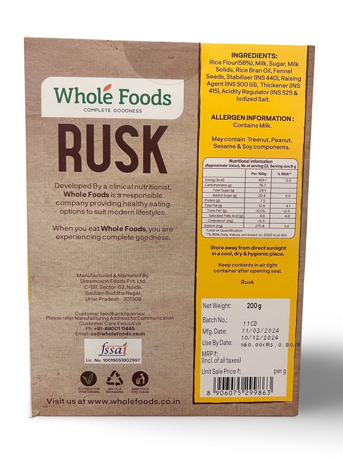 Rusk | (Veg) - Gluten Free, No Trans Fat & No Added Preservatives - Whole Foods - 200gm
