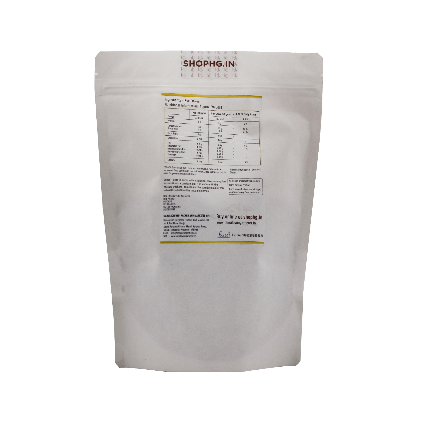 Rye Flakes | Cleaned, Washed, Germinated Grains Rolled Into Flakes - Natural - No Added Preservatives & No Added Chemical - Himalayan Gatherer - 400gm
