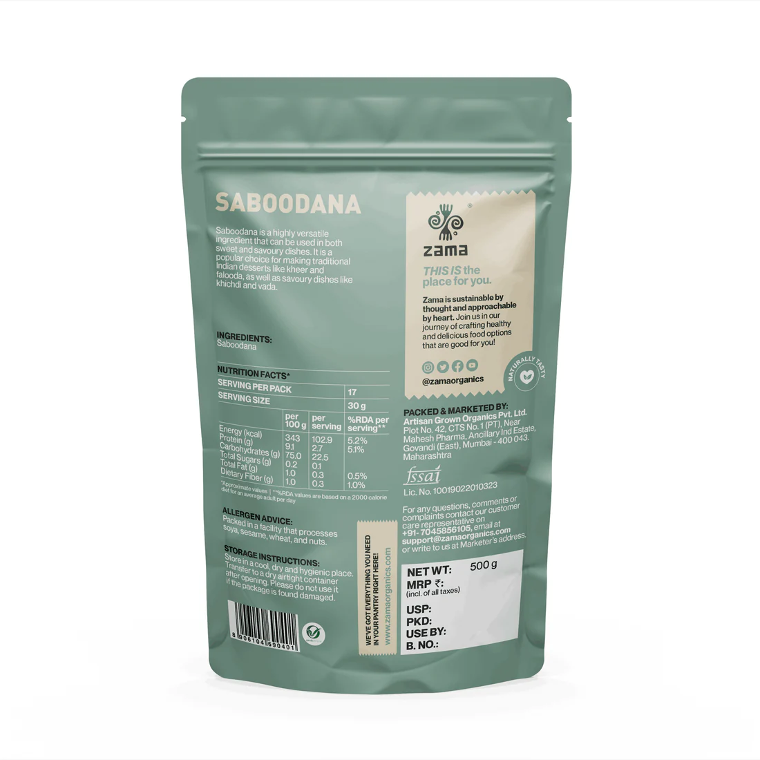 Saboodana - Gluten Free & Rich Source Of Energy - Zama Organics - 500gm