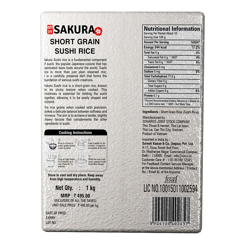 Sushi Rice | Short Grain Rice - Sakura - 1000gm Vacuum Packed