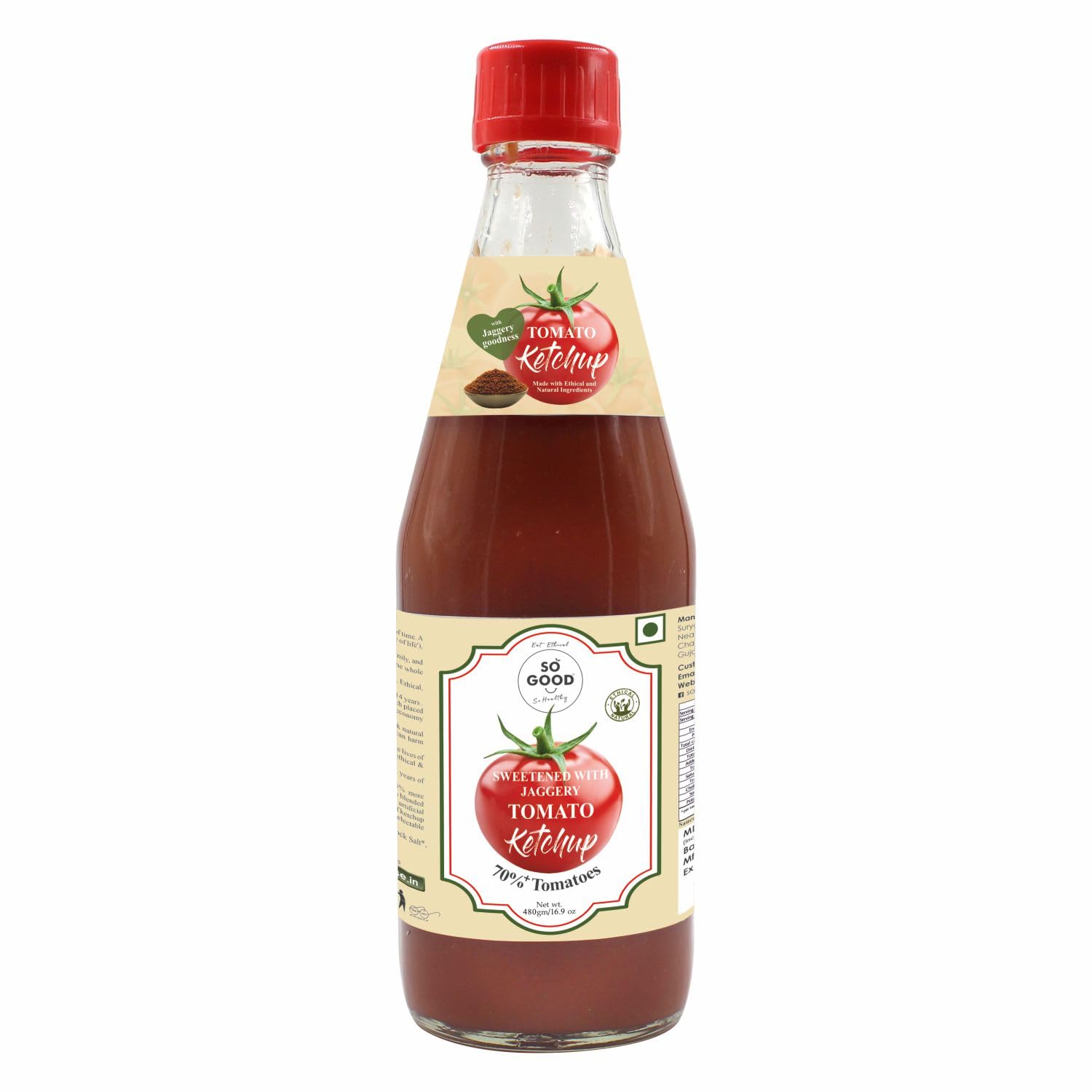 Tomato Ketchup | 70% Tomatoes (Sweetened With Jaggery) - Natural - No Added Flavors, Colour, Chemicals & No Added Preservatives - So Good - 480gm