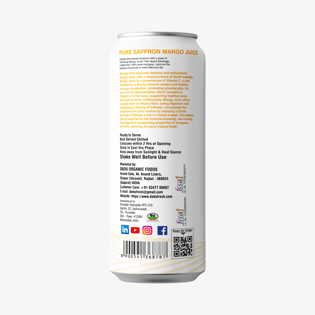 Juice | Saffron Mango Juice - No Added Sugar, No Preservatives & No Concentrate - Dadu Fresh - 250ml