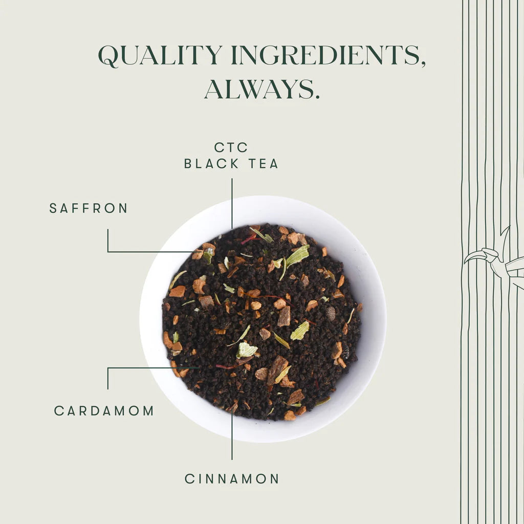 Tea | Black Tea - Saffron Spice Chai - Herbal Tea - Assam CTC, Cardamom, Saffron, Cinnamon - Organic - Caffeine Free - Luxmi Estates – 100gm Loose Leaf Tea