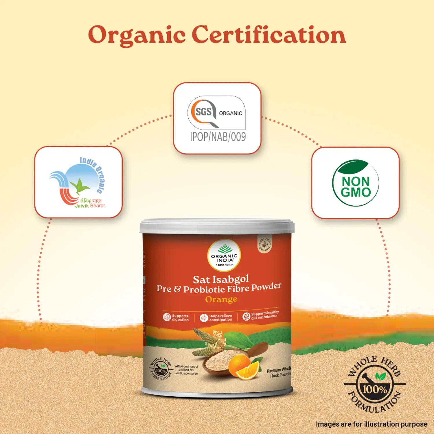 Salt Isabgol Pre & Probiotic Fibre (Orange)-Gluten Free- Psyllium Whole Husk Powder - Oragnic - Herbal Supplements-Supports Digestion , Boosts immunity - Organic India - 100gm