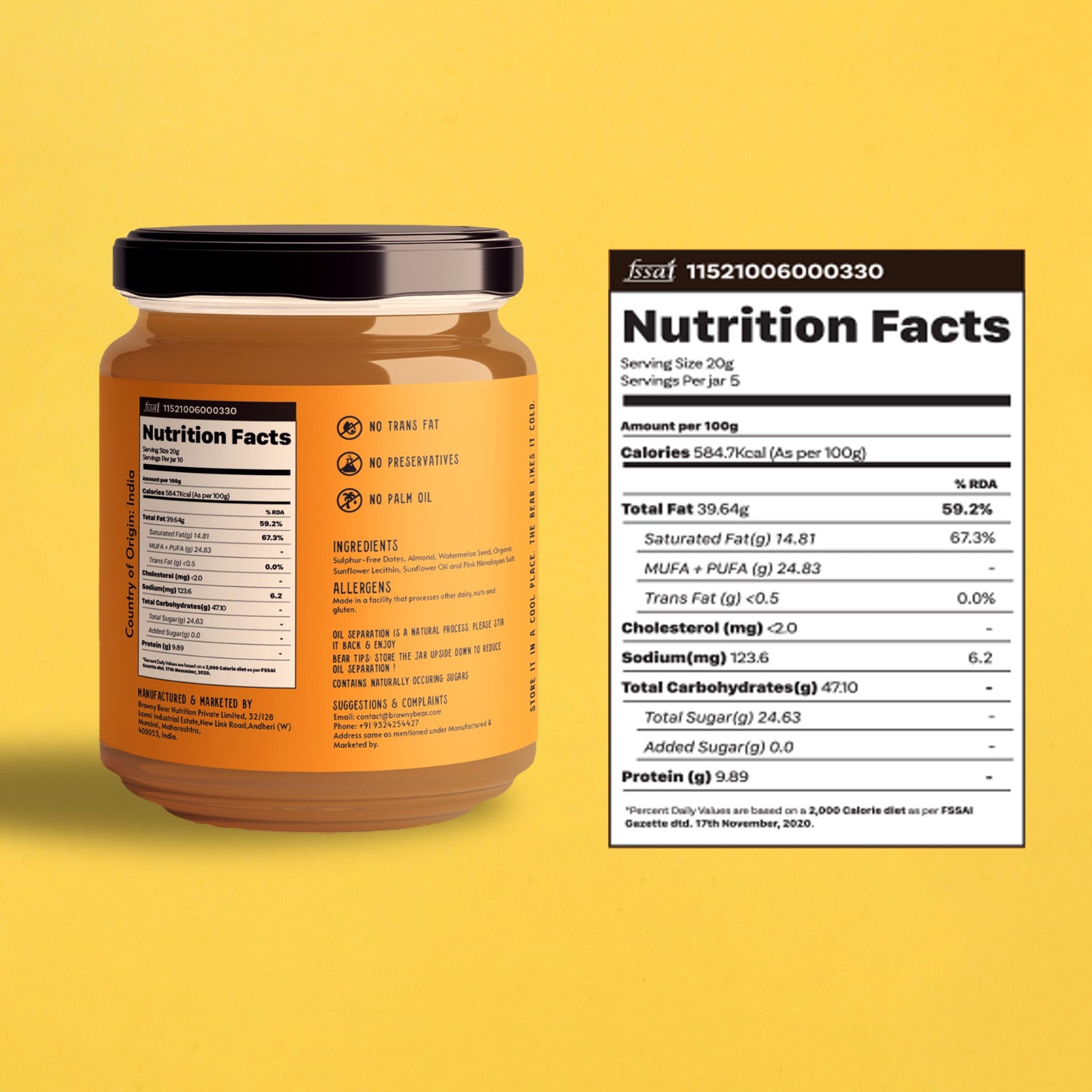 Salted Almond Butter - Sweetened With Premium Dates - Natural - Indian - No Added Sugar & No Palm Oil - Brawny Bear - 200gm