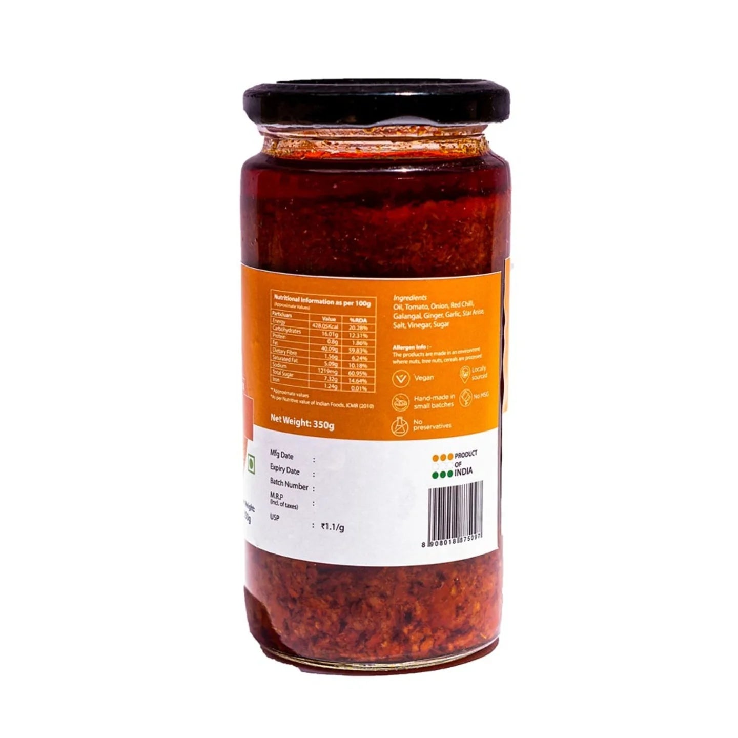 Sambal Sauce | Malaysian (Made From Chillies, Spices, Herbs & Aromatics) - Vegan, No Added Preservatives & No Msg - Awe - 350gm