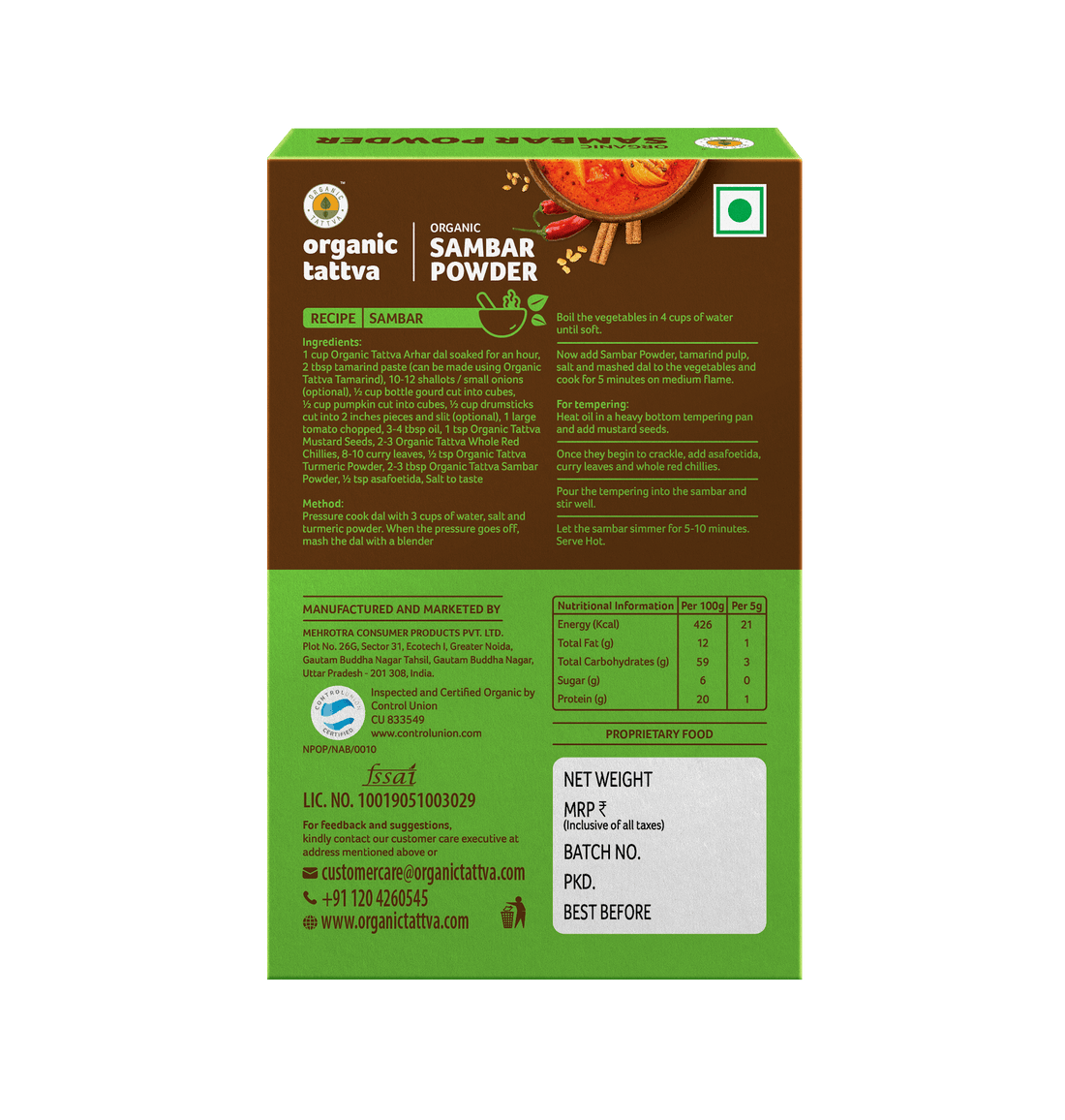 Sambhar Powder - USDA Organic - Vegan, Dry Roasted Aromatic South Indian Spice Blend For Lentils - Organic Tattva – 100gm