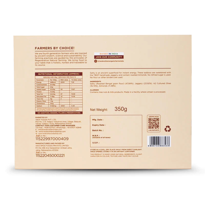 Sattu Laddoo | Roasted Bengal Gram Laddoo - (Made With A2 Cultured Ghee & Sweetened With Jaggery) – Natural - High In Iron, No Added Additives, Preservatives, Artificial Flavor & No Added Sugar - Two Brothers – 350gm