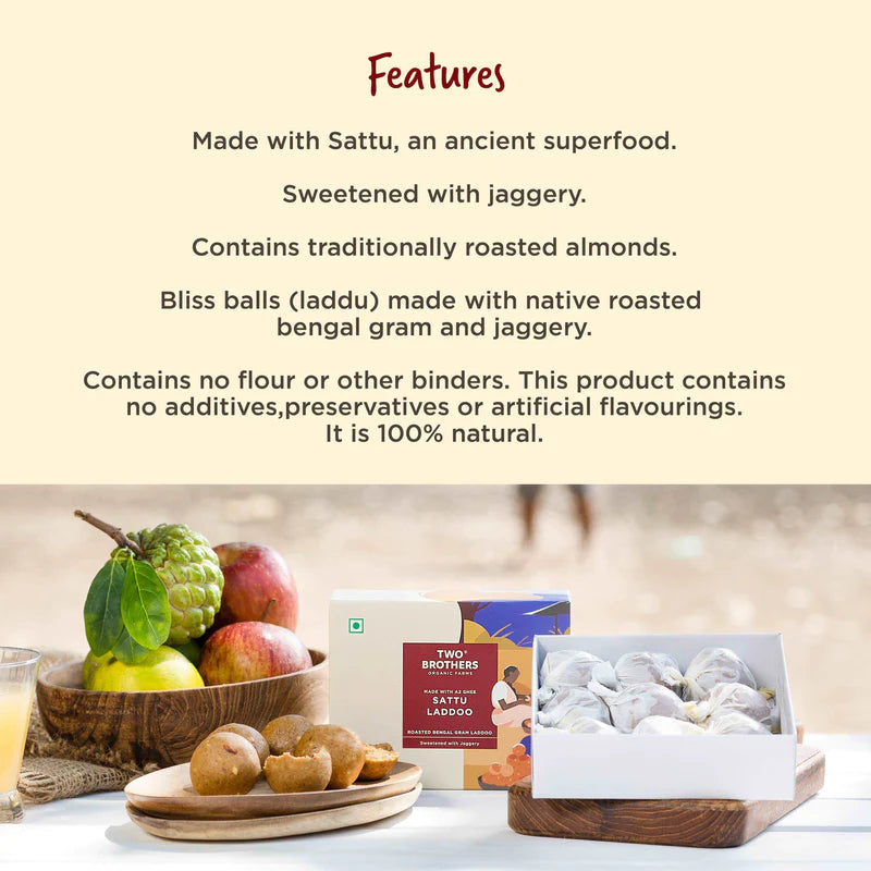 Sattu Laddoo | Roasted Bengal Gram Laddoo - (Made With A2 Cultured Ghee & Sweetened With Jaggery) – Natural - High In Iron, No Added Additives, Preservatives, Artificial Flavor & No Added Sugar - Two Brothers – 350gm