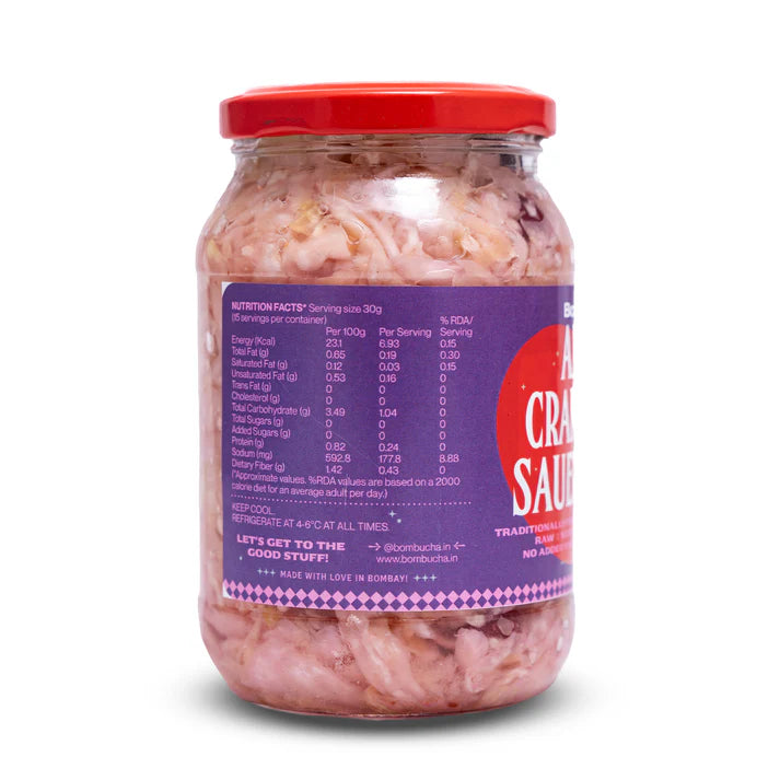 Sauerkraut | Apple Cranberry & Cabbage - Mildly Sour - Naturally Fermented Probiotic Cabbage - Raw - Natural - Unpasteurised - No Added Vinegar & No Added Preservatives - Bombucha - 450gm
