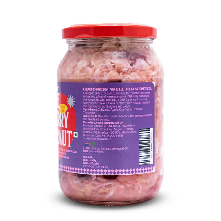 Sauerkraut | Apple Cranberry & Cabbage - Mildly Sour - Naturally Fermented Probiotic Cabbage - Raw - Natural - Unpasteurised - No Added Vinegar & No Added Preservatives - Bombucha - 450gm
