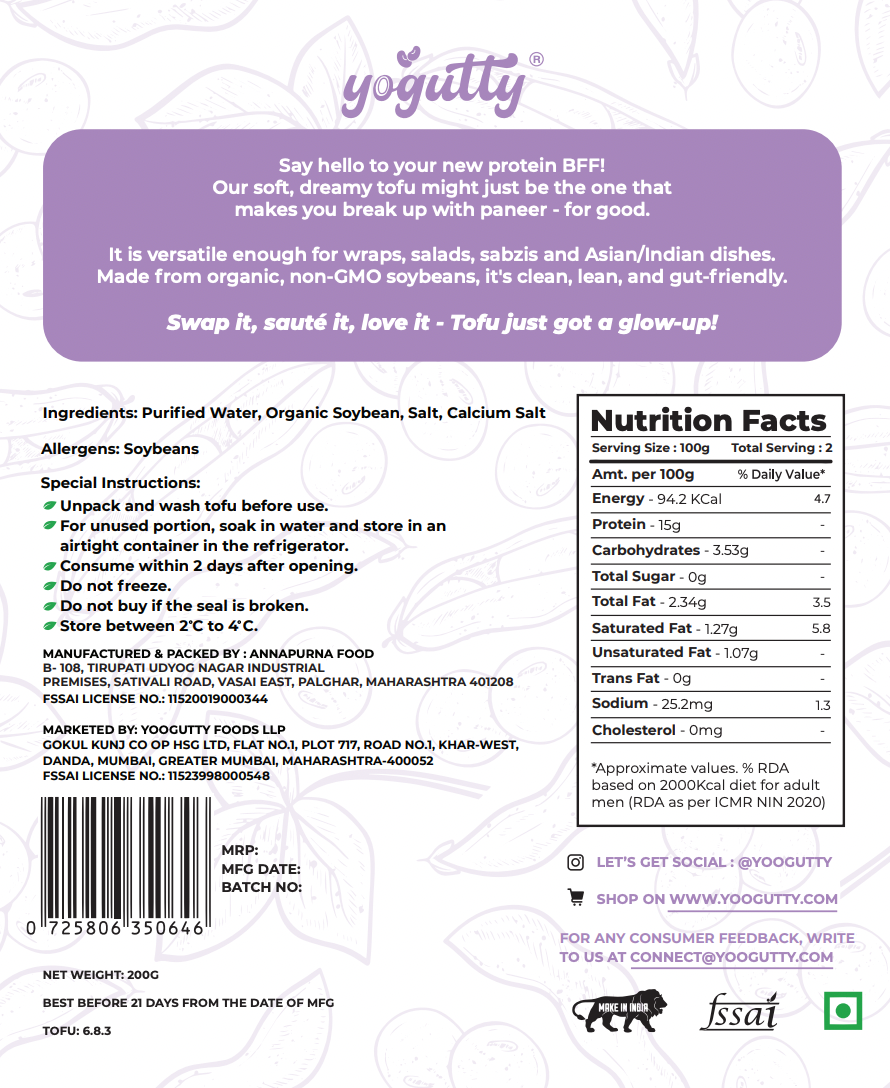 Tofu - 30gm Protein Per Pack - Gluten Free - Yogutty - 200gm