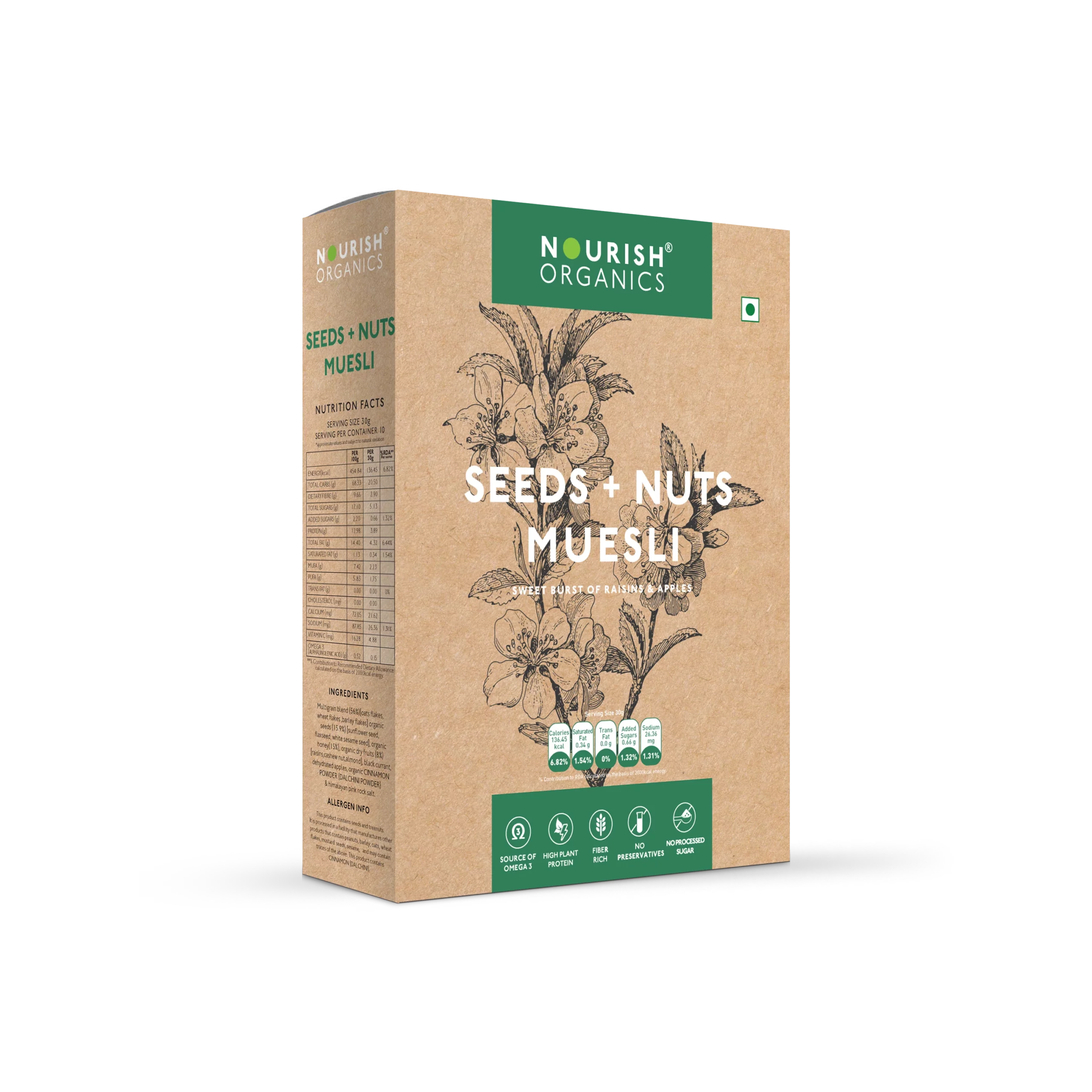 Muesli | Seeds & Nuts Muesli - No Added Sugar, High Protein, Rich In Fiber, Low Calorie, Lactose Free & Fat Free – Nourish Organics - 300gm