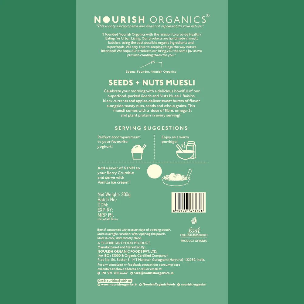 Muesli | Seeds & Nuts Muesli - No Added Sugar, High Protein, Rich In Fiber, Low Calorie, Lactose Free & Fat Free – Nourish Organics - 300gm