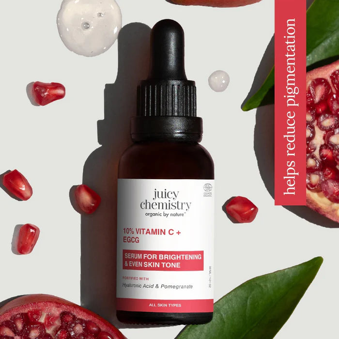 Face Serum | 10% Vitamin C + EGCG Face Serum - Serum For Brightening & Even Skin Tone- Fortified with Hyaluronic Acid & Pomegranate - Reduces Dark Spots Boost Collagen & Firmness - Cruelty Free & Vegan, Dermatologically Tested - Juicy Chemistry - 30ml