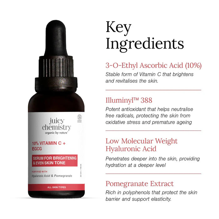 Face Serum | 10% Vitamin C + EGCG Face Serum - Serum For Brightening & Even Skin Tone- Fortified with Hyaluronic Acid & Pomegranate - Reduces Dark Spots Boost Collagen & Firmness - Cruelty Free & Vegan, Dermatologically Tested - Juicy Chemistry - 30ml