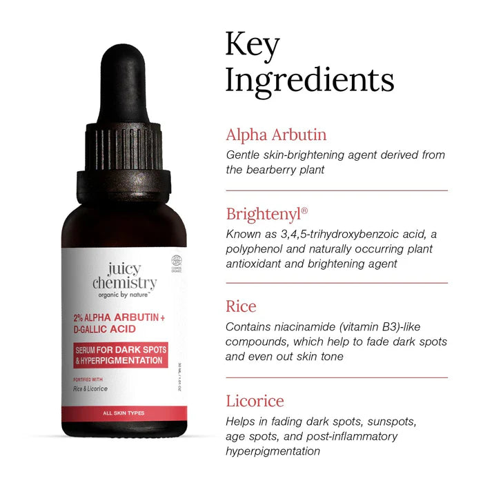 Face Serum | 2% Alpha Arbutin + D-Gallic Acid Natural Face Serum - Serum For Dark Spots & Hyperpigmentation- Fortified with Rice & Licorice - Cruelty Free & Vegan, Dermatologically Tested - Juicy Chemistry - 30ml