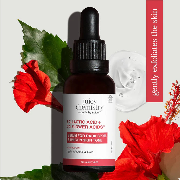 Face Serum | 5% Lactic Acid + 3% Flower Acids Face Serum - Serum For Dark Spots & Uneven Skin Tone - Fortified with Acid & Cica - Cruelty Free & Vegan, Dermatologically Tested - Juicy Chemistry - 30ml
