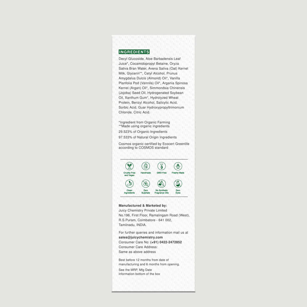 Shampoo | Moisturising Daily Use - (Deeply Conditions & Helps Combat Frizz) - Handmade - COSMOS Natural - Indian - Vegan, Crutely Free, Gmo Free, Zero Dyes, Zero Sulphates & No Synthetic Fragrances - Juicy Chemistry - 200ml