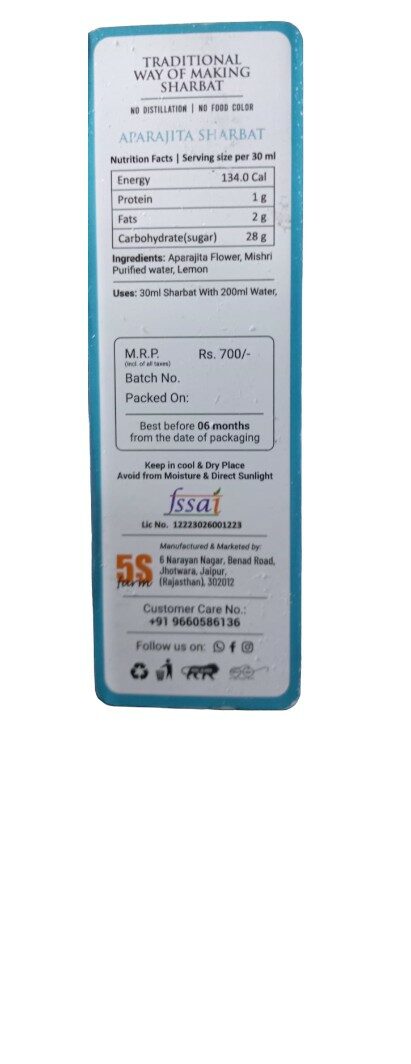 Sharbat | Aparajita - Taste Of Rajputana – Natural Ingredients - No Added Artificial Colors, Distillation & No Added Preservatives – 5S Farm – 700ml