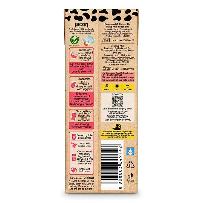 Cow Milk | Slim (Skimmed Milk) – Certified Organic – Antibiotic Free – No Adulterants, Preservatives & No Stress Hormone – Akshayakalpa - Pack of 12