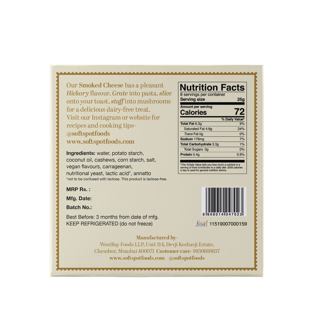 Vegan Cheese | Smoked Cheese – Pasteurized - Gluten Free, Dairy Free & Lactose Free - Soft Spot Foods - 200gm