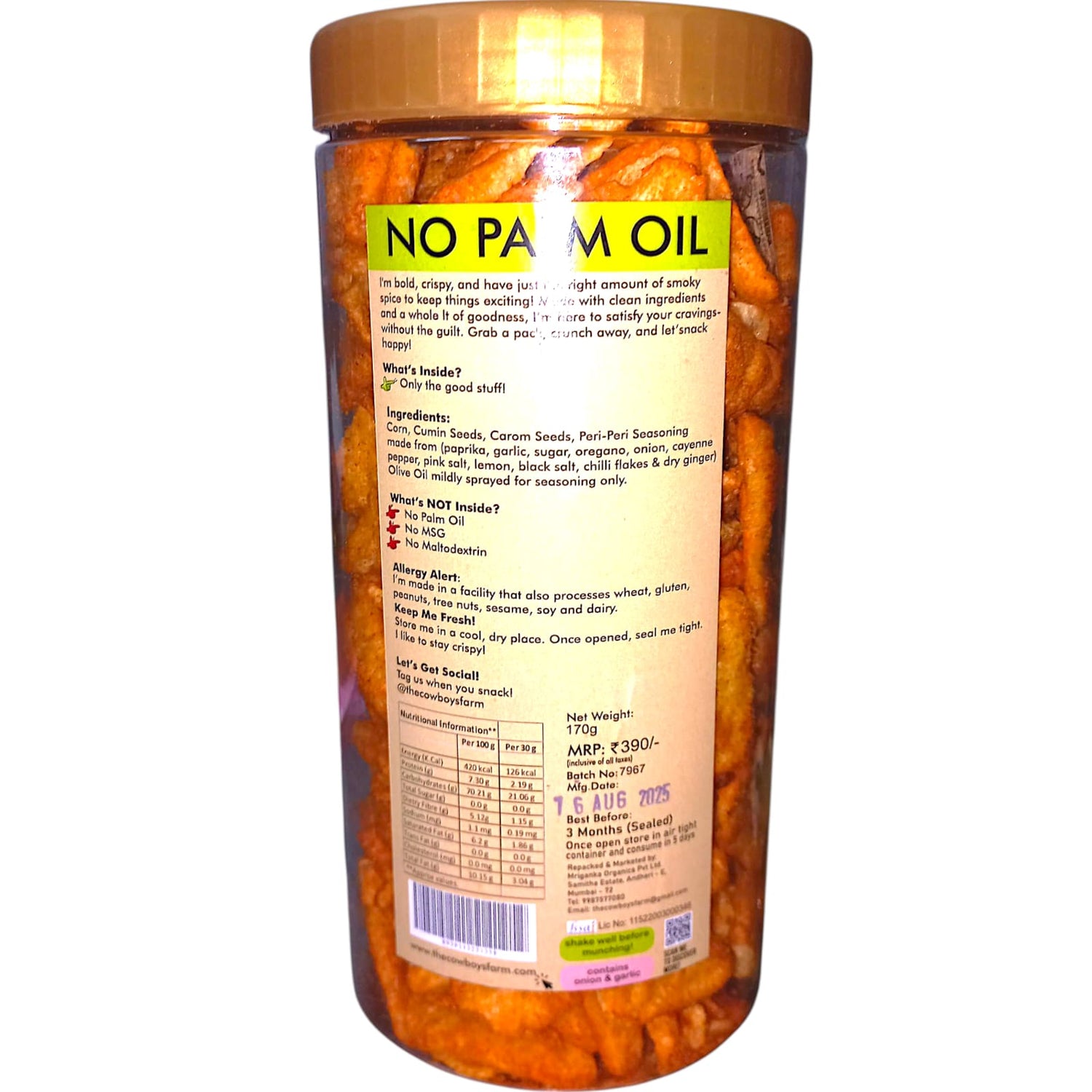 Nachos | Smoky Peri Peri Nachos - Non Fried - Gluten Free, No Wheat, Maida, Refined Sugar, Trans Fat, Palm Oil, No Artificial Color, Flavor & Preservatives - The Cow boys Farm - 170gm