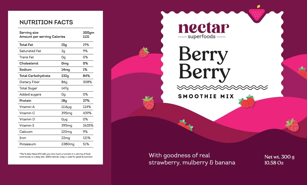 Smoothie Mix Powder | Berry Berry (With Goodness Of Real Strawberry, Mulberry & Banana) – 100% Natural – Vegan, Gluten Free, Refined Sugar Free & No Added Preservatives – Nectar Superfoods – 300gm