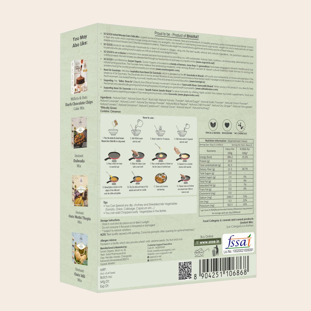 Chilla | Instant Masala Oats Chilla Mix (Made With Ethical Ingredients) - Gluten Free, No Added Preservatives & Chemical Free – SOSE – 200gm