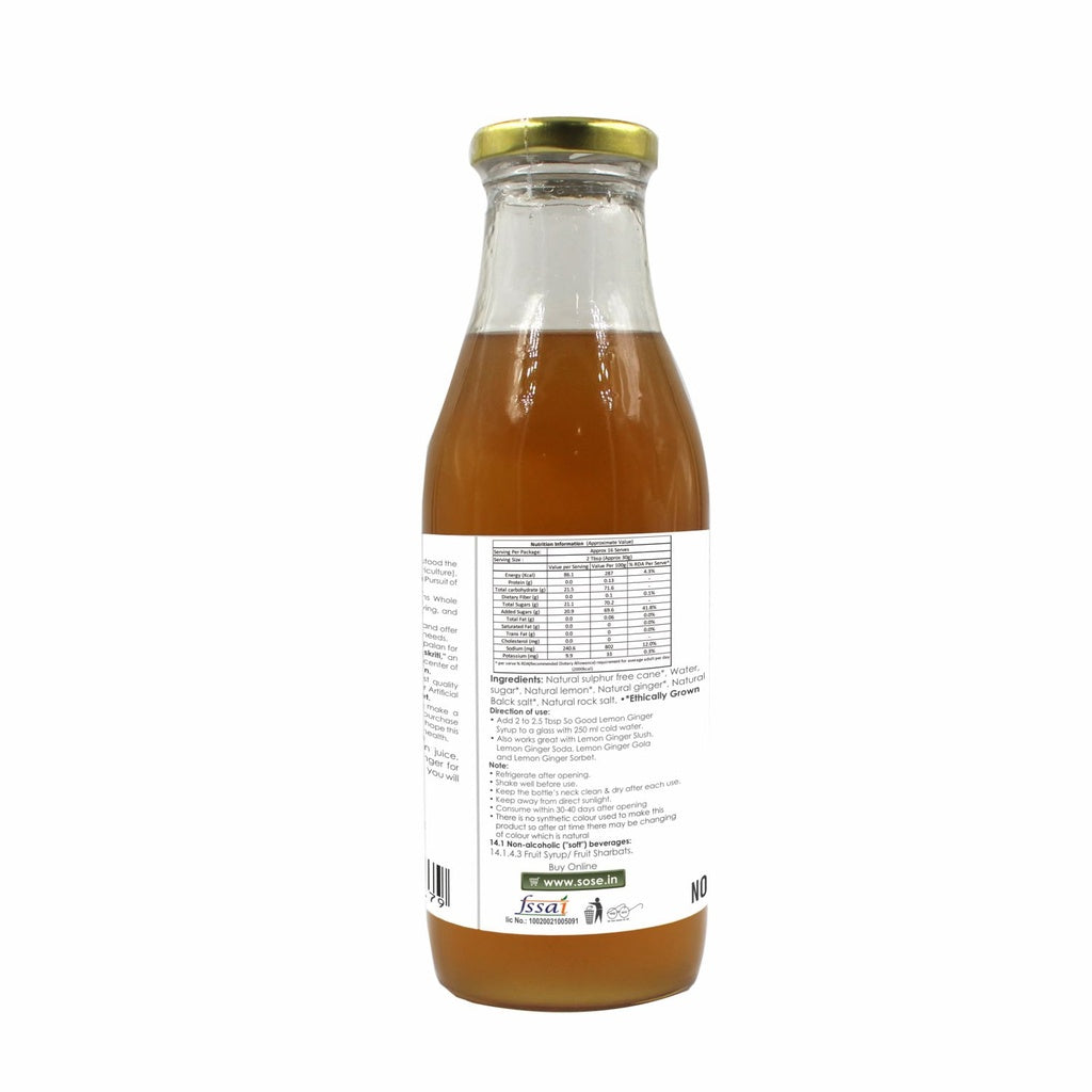 Syrup | Lemon Ginger Syrup (Made With Natural And Ethical Ingredients) - Natural - Sulphur Free, Cane Free, No Colors, No Preservatives & No Artificial Flavour - So Good - 500ml