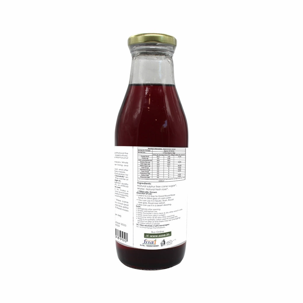 Syrup | Royal Rose Syrup (Made With Natural And Ethical Ingredients) - Natural - Sulphur Free, Cane Free, No Colors, No Preservatives & No Artificial Flavour - So Good - 500ml