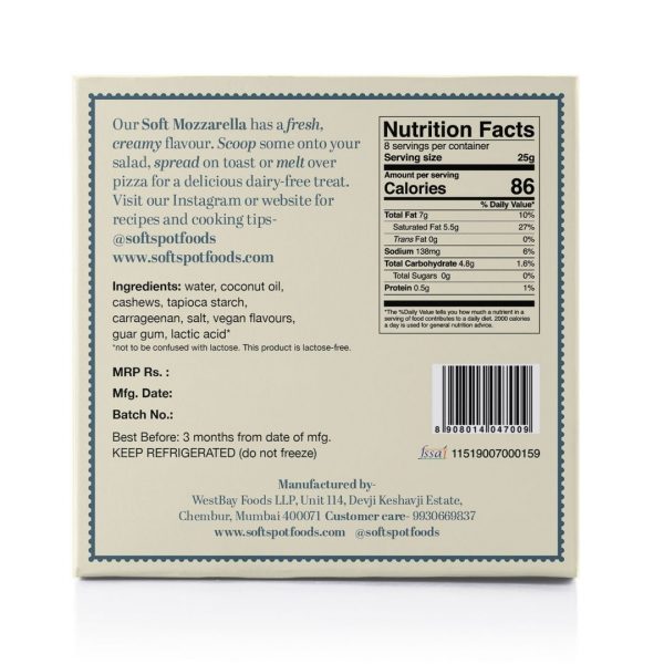 Vegan Soft Mozzarella Cheese | Spread & Melts - Pasteurized - Gluten Free, Dairy Free & Lactose Free – Soft Spot Foods – 200gm