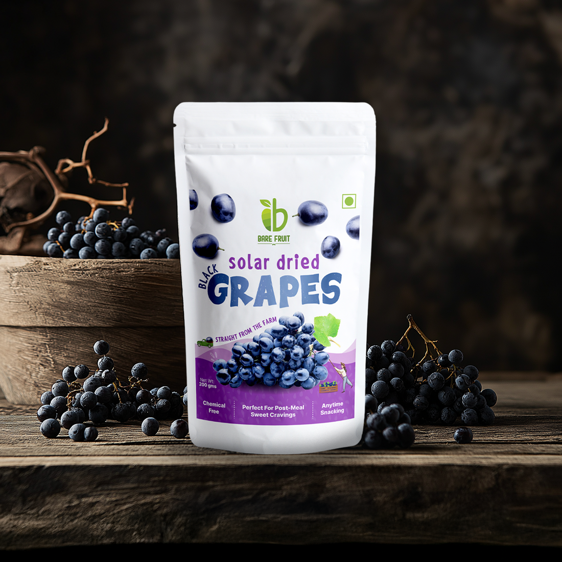 Fruit Bites | Solar Dried Black Grapes - Fresh Natural Sweet Taste-Post Meal Sweet Cravings - No Added Sugar, & No Added Preservatives - Bare Fruit - 200gm