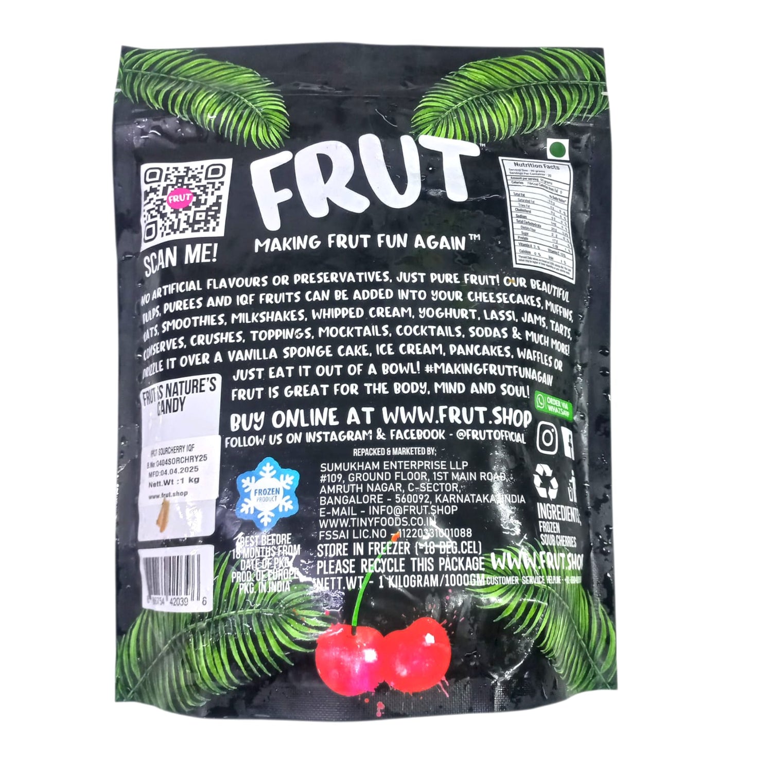 Sour Cherries | Frozen - Whole – No Added Sugar, Flavours & No Added Preservatives – Frut – 1000gm