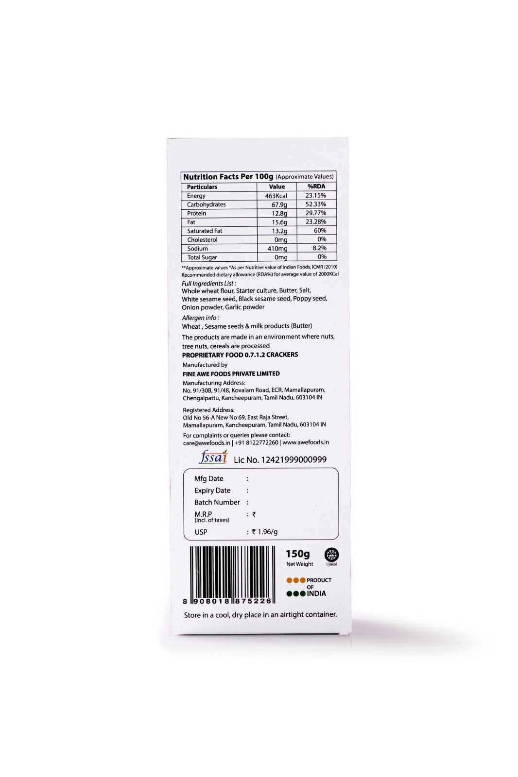Crackers | Sourdough Crackers (Everything Spice) - Baked With 100% Whole Grain Wheat – No Added Preservatives & No Added MSG – Awe – 150gm