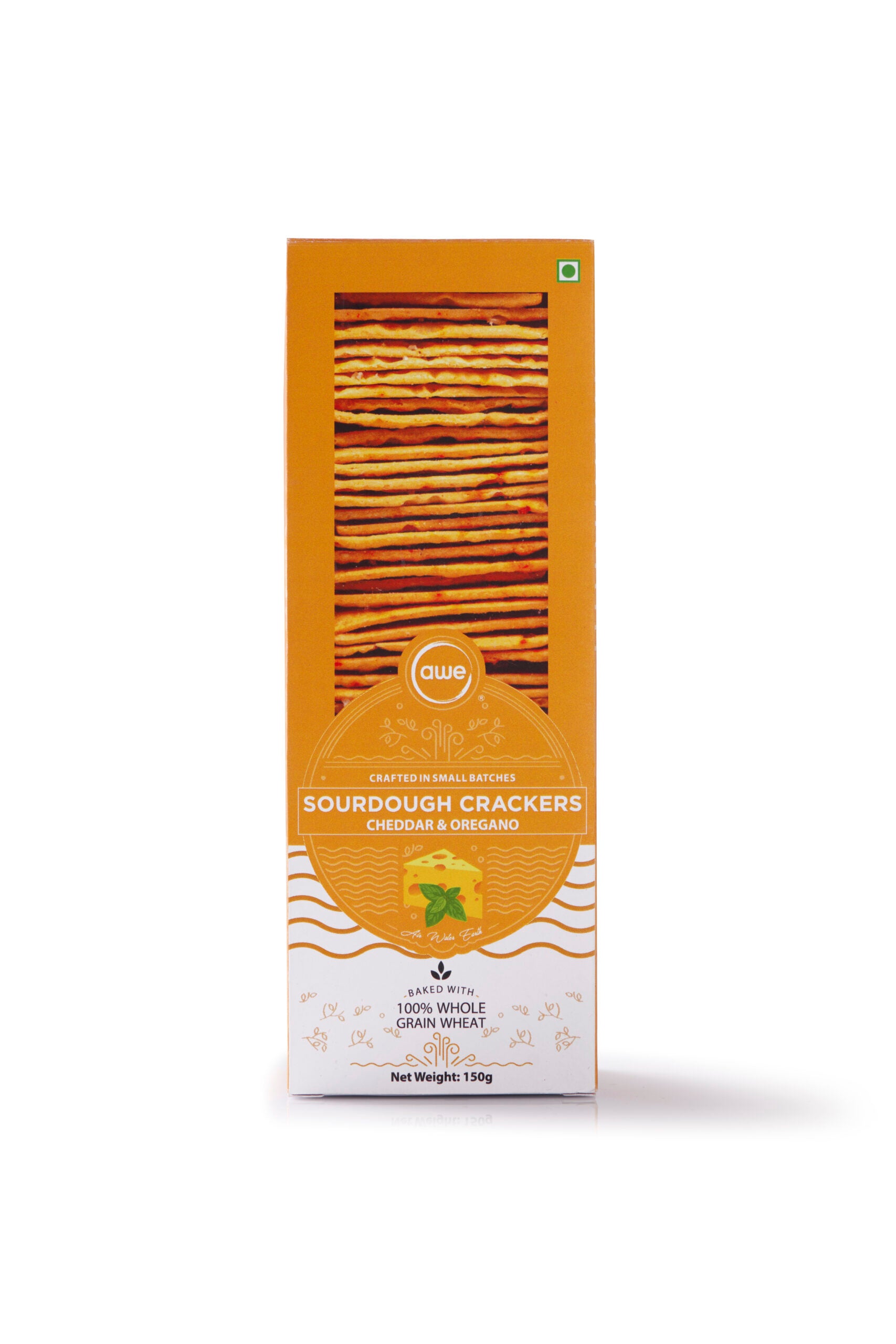 Crackers | Sourdough Crackers (Cheddar & Oregano) – Baked With 100% Whole Wheat – No Added Preservatives & No Added MSG – Awe – 150gm