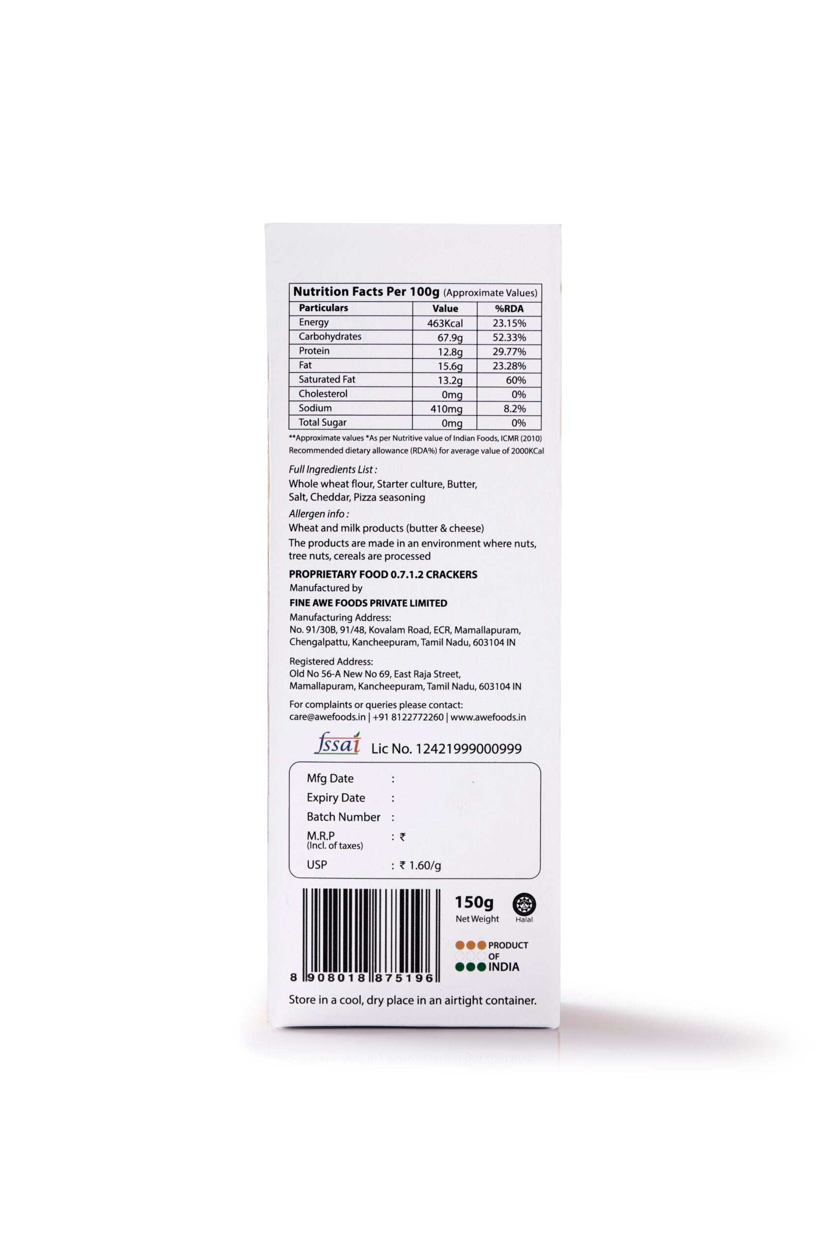 Crackers | Sourdough Crackers (Cheddar & Oregano) – Baked With 100% Whole Wheat – No Added Preservatives & No Added MSG – Awe – 150gm
