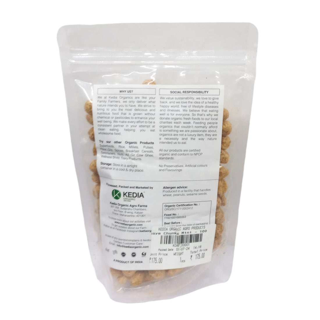 Soy Chunks | Mini - Certified Organic - No Added Preservatives, Artificial Colors & No Added Flavors - Kedia Organic - 100gm