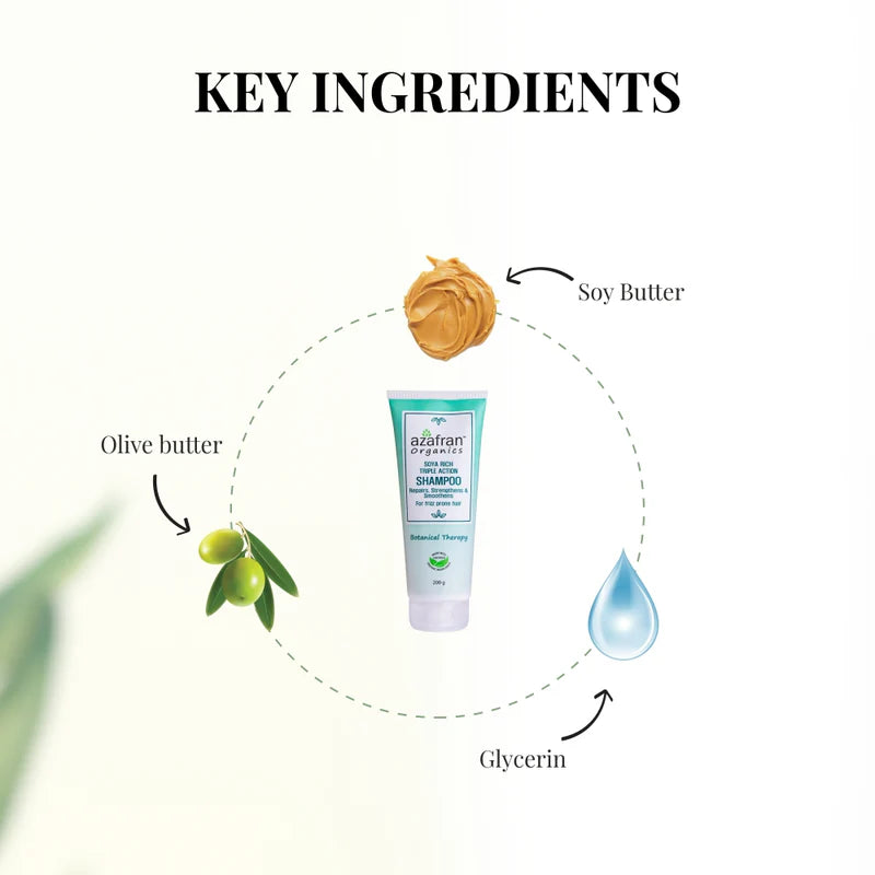 Soya Rich Triple Action Shampoo- Repairs, Strengthens & Smoothens - Azafran Organics - 100gm